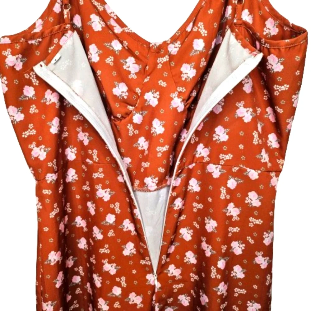 Womens Floral Rust Orange Midi Dress Back Zip Spaghetti Straps Slip Size Large - Picture 10 of 11